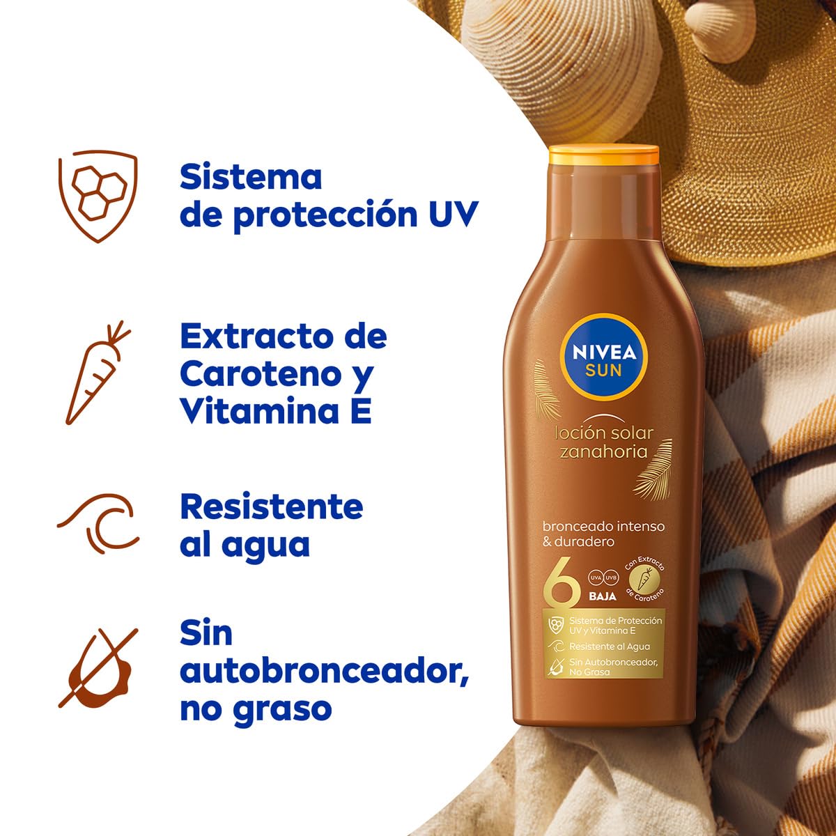 NIVEA SUN Carrot Sun Lotion SPF6 (1 x 200 ml), sun protection for a beautiful and long-lasting tan, water-resistant moisturizing sunscreen, tanning cream