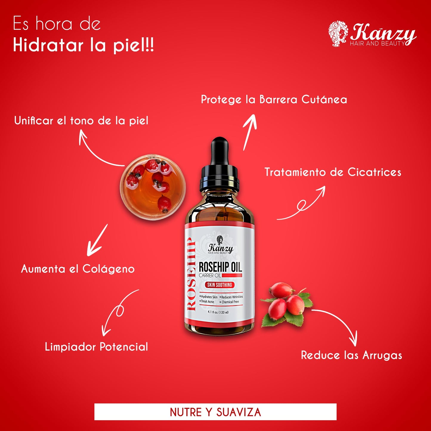 Kanzy Aceite de Rosa Mosqueta Puro 100% 120ml Orgánico Prensado en Frío Bio sin Refinar Rosa Mosqueta para Cicatrices y Estrías, usado como Hidratante para Cuerpo y Piel