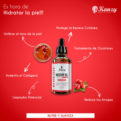 Kanzy Aceite de Rosa Mosqueta Puro 100% 120ml Orgánico Prensado en Frío Bio sin Refinar Rosa Mosqueta para Cicatrices y Estrías, usado como Hidratante para Cuerpo y Piel