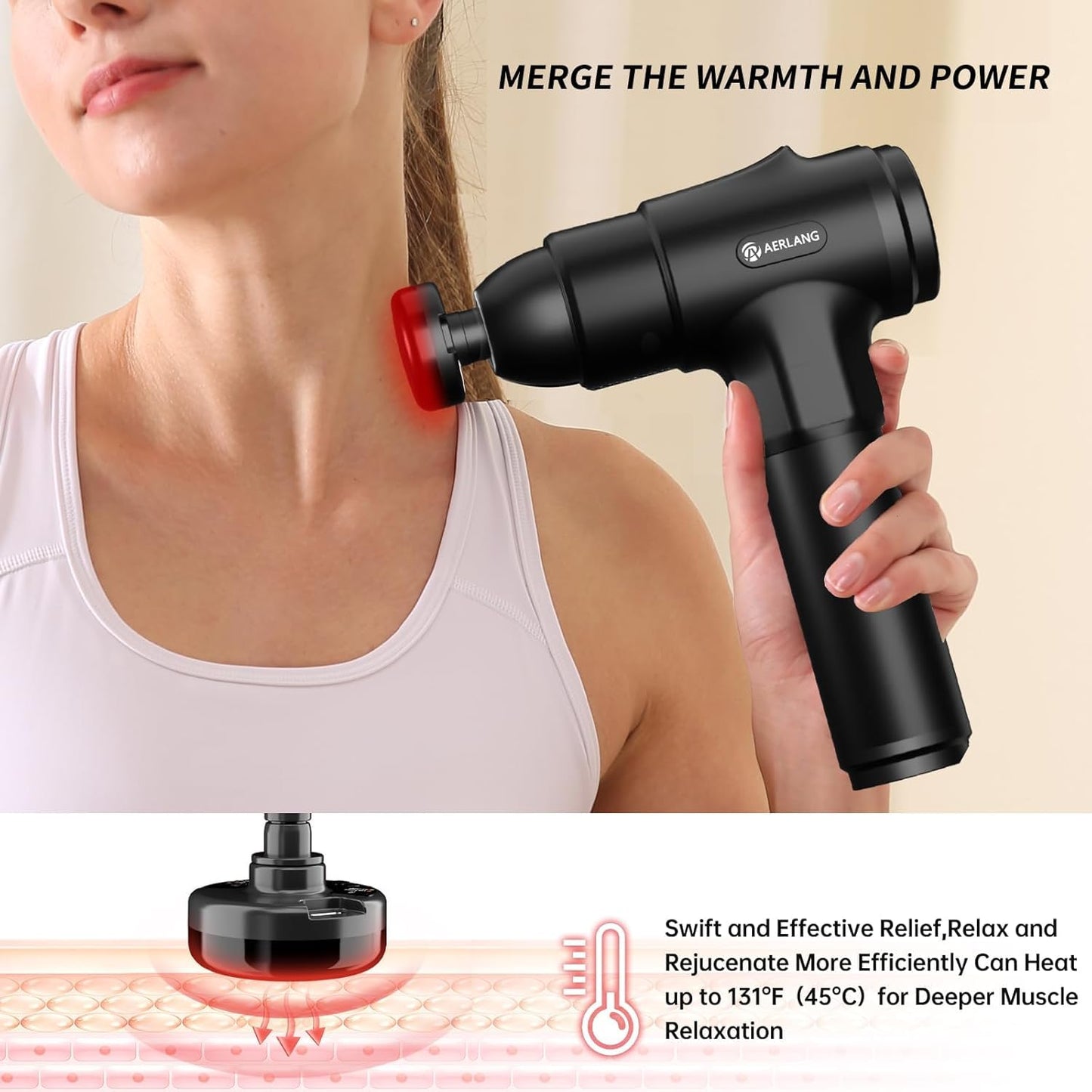 AERLANG Muscle Massage Gun with Heat Deep Muscle Massager, LED, Massage Gun 20 Adjustable Segments and 7 Massage Heads, Cervical and Back Massager Gifts for Women &amp; Men