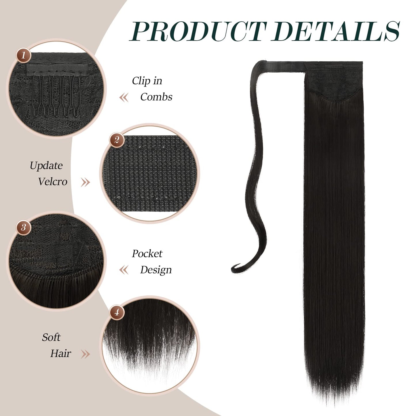 FESHFEN Extensiones Cola de Caballo Larga 60cm - Marrón Oscuro