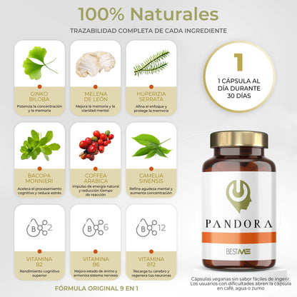 Bestme Lab Pandora | Nootrópico 100% Natural Fórmula Original 9 en 1 + Concentración + Memoria + Energía | Melena de León, Ginkgo Biloba, Bacopa Monnieri, Cafeína, L-Teanina, Vitaminas B12 B6 B2