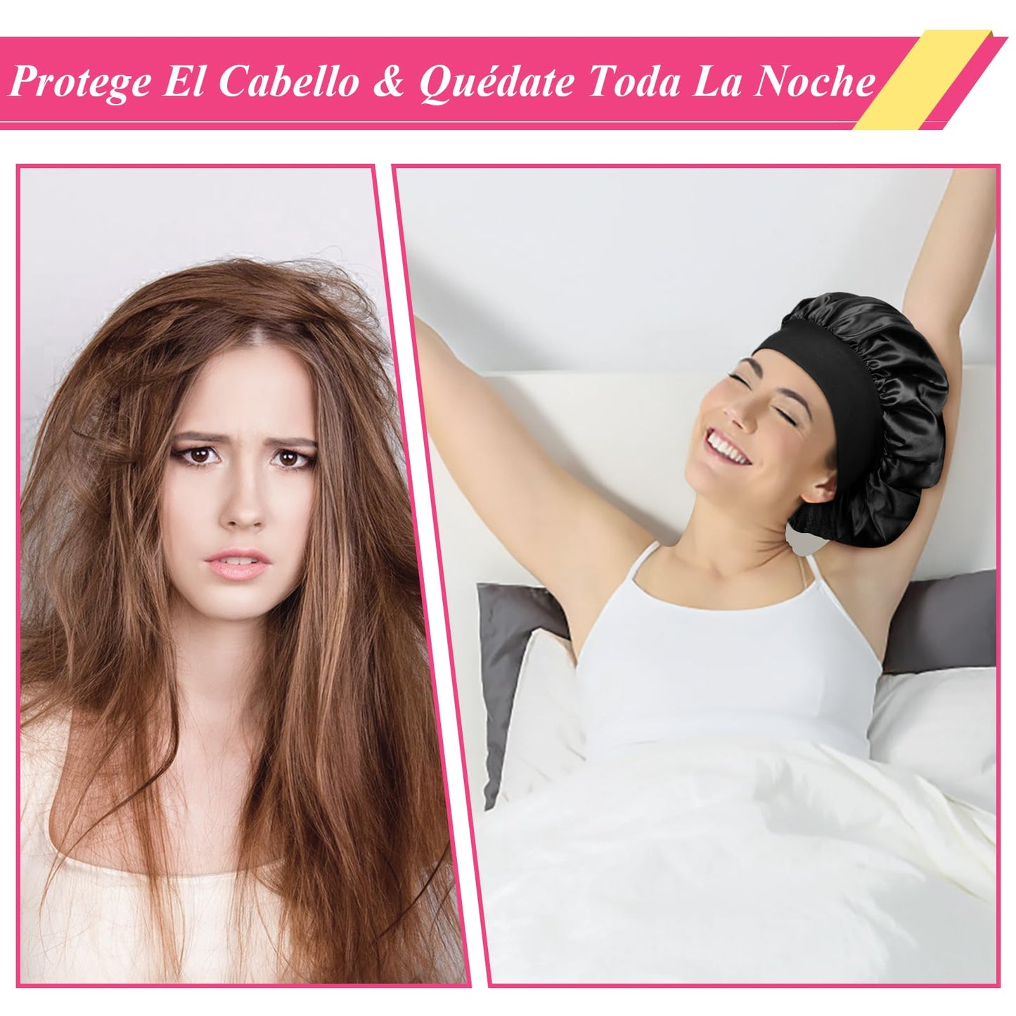 2 Piezas Gorro de Satén para Dormir - Ajustable y Antifrizz con Banda Ancha (Negro, Rojo)