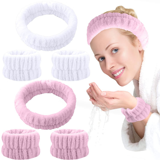 ZOCONE 6pcs Spa Facial Headbands and Wristbands, Soft Makeup Headband Hair Bands for Makeup Women's Hair Band Elastic Skincare Wristbands Facial Cleansing Headband (White and Pink)