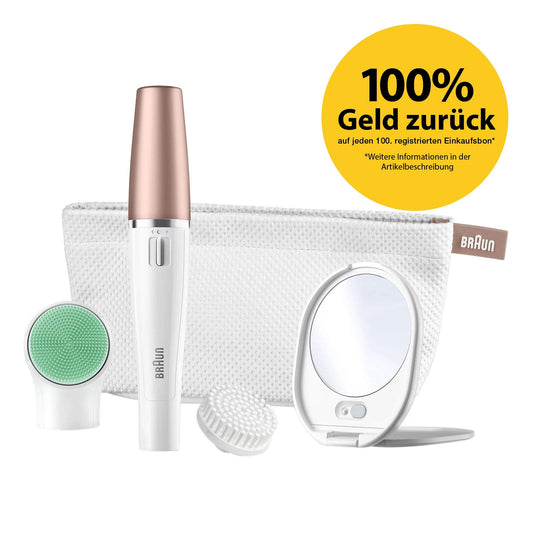 Braun FaceSpa Depiladora Eléctrica Facial Mujer 3 en 1 con Cepillo Limpiador y de Masaje, 851, Color Oro, Blanco