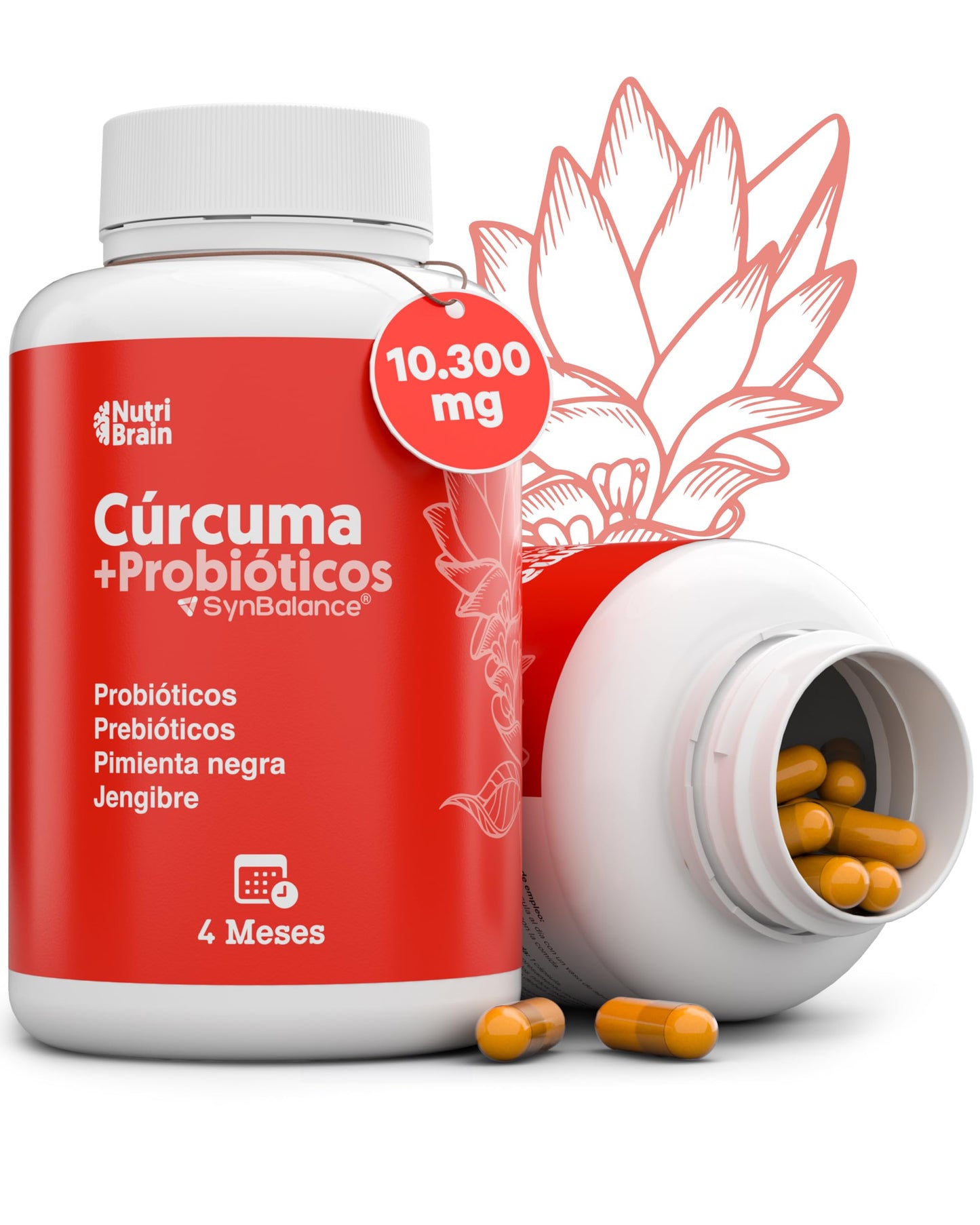 Cúrcuma con PROBIÓTICOS y PREBIÓTICOS | 10.300 mg Ultraconcentrada (mas de 95%) | Antiinflamatorio para Bienestar Articular, Muscular, Óseo y Digestivo | 125 días | Solo 1 cap/día