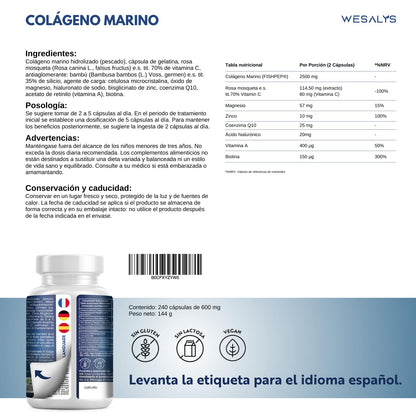 Colágeno Marino Hidrolizado 2500mg con Magnesio y Ácido Hialurónico | 240 Cápsulas | con Vitamina C natural, para cartílagos, huesos y piel | Alta dosis, Péptidos de Colágeno Marino Puro