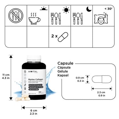 Colágeno Marino con Ácido Hialurónico, Coenzima Q10, Vitamina C y Zinc | 180 cápsulas | Péptidos que mantienen articulaciones, cartílagos, huesos, piel, cabello y uñas sanos