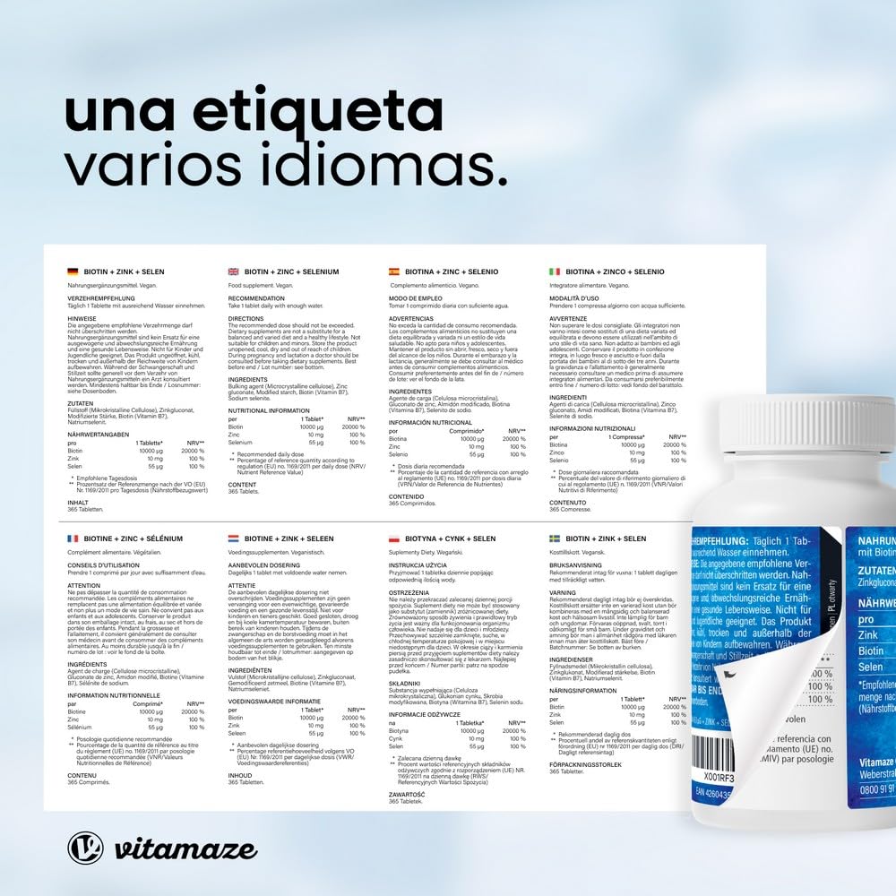 Biotina 10.000 mcg Zinc y Selenio (1 Año) - Biotina para Cabello Piel y Uñas - Crecimiento del Cabello y Anticaída - Vitaminas para Pelo y Uñas Fuertes - Sin aditivos, Vitamaze