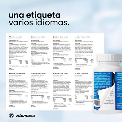 Biotina 10.000 mcg Zinc y Selenio (1 Año) - Biotina para Cabello Piel y Uñas - Crecimiento del Cabello y Anticaída - Vitaminas para Pelo y Uñas Fuertes - Sin aditivos, Vitamaze