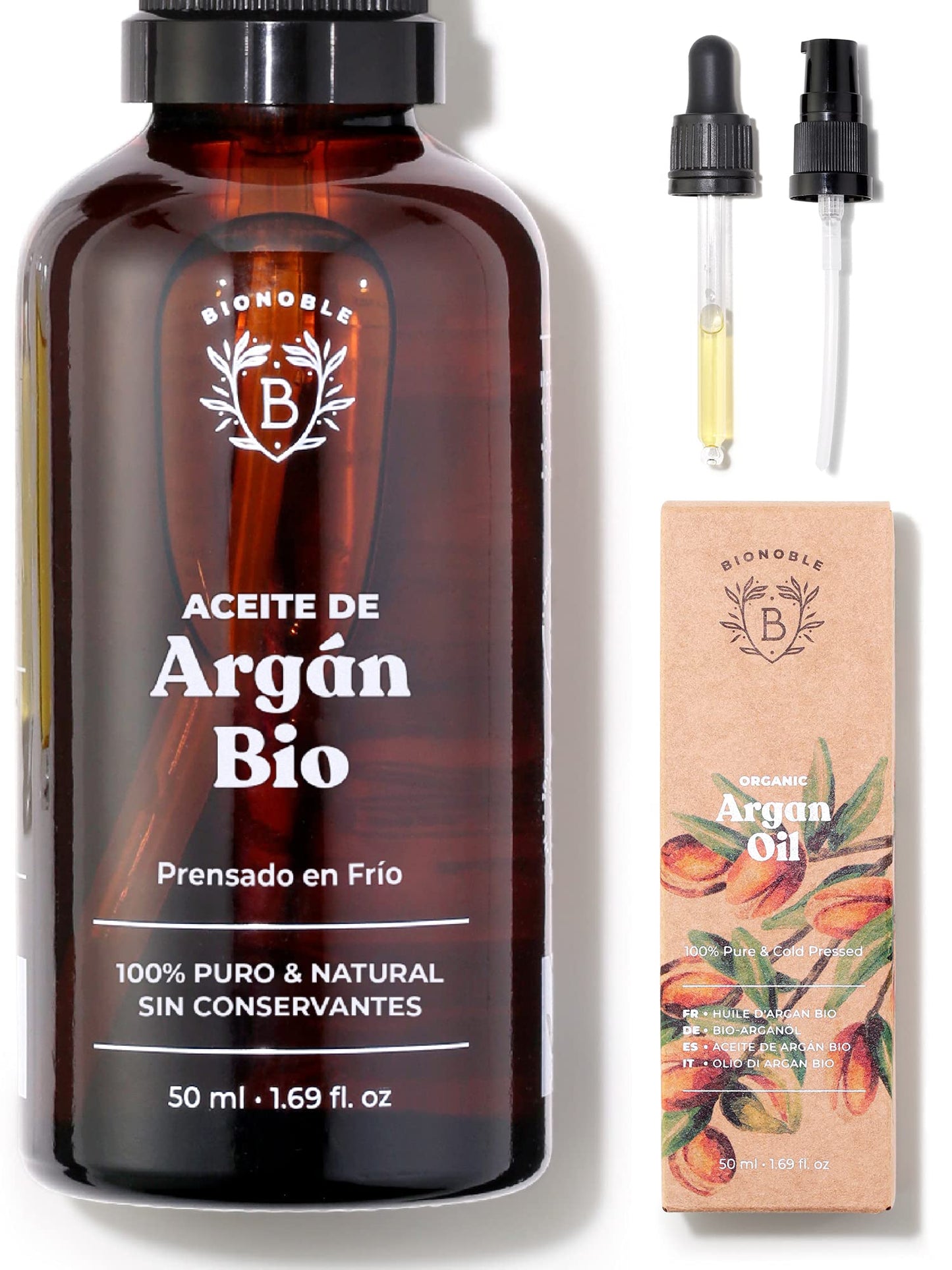 Bionoble Aceite de Argán Orgánico – 100% Puro y Prensado en Frío para Rostro, Cuerpo, Cabello y Barba (50 ml)