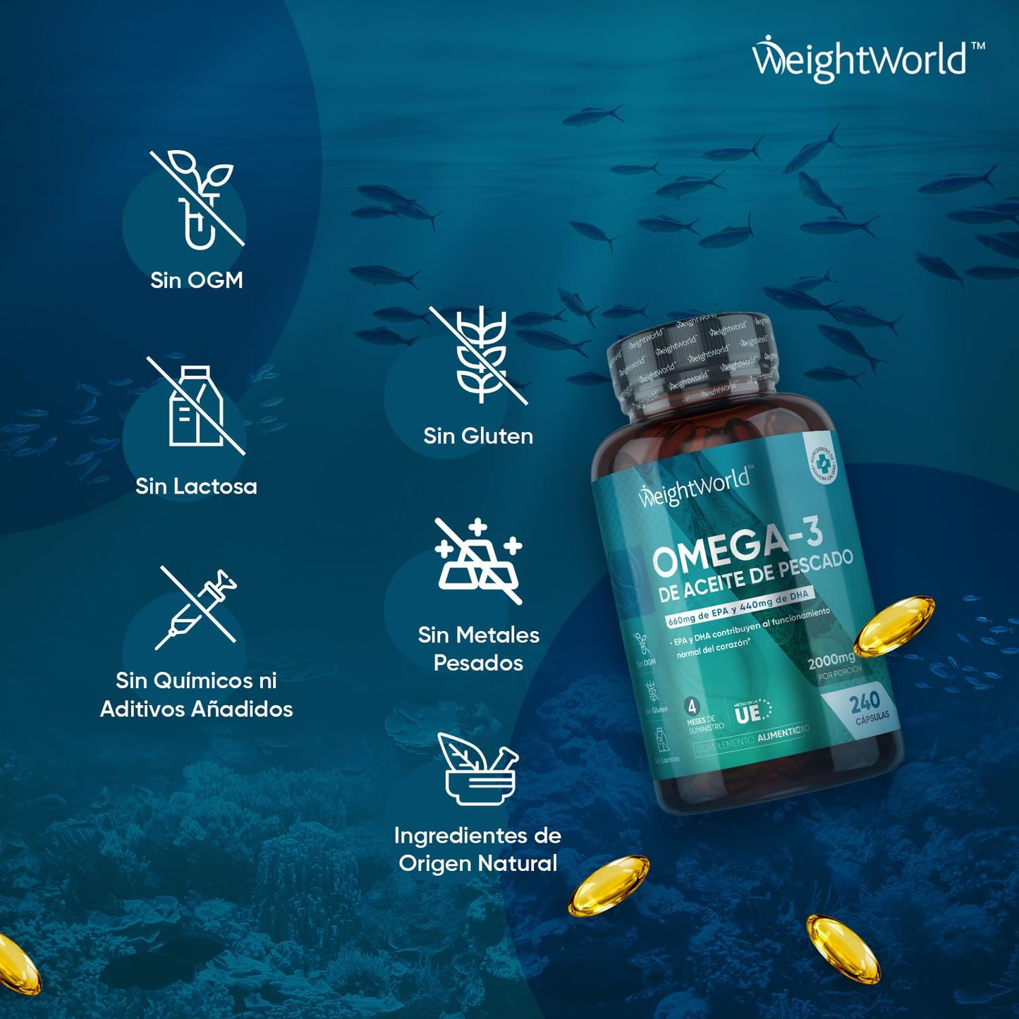 Omega 3 2000mg Concentration 240 Softgels of Fish Oil (660mg EPA + 440mg DHA) - High Potency Omega 3 Fatty Acids for Brain, Heart and Blood Pressure Health for 4 Months