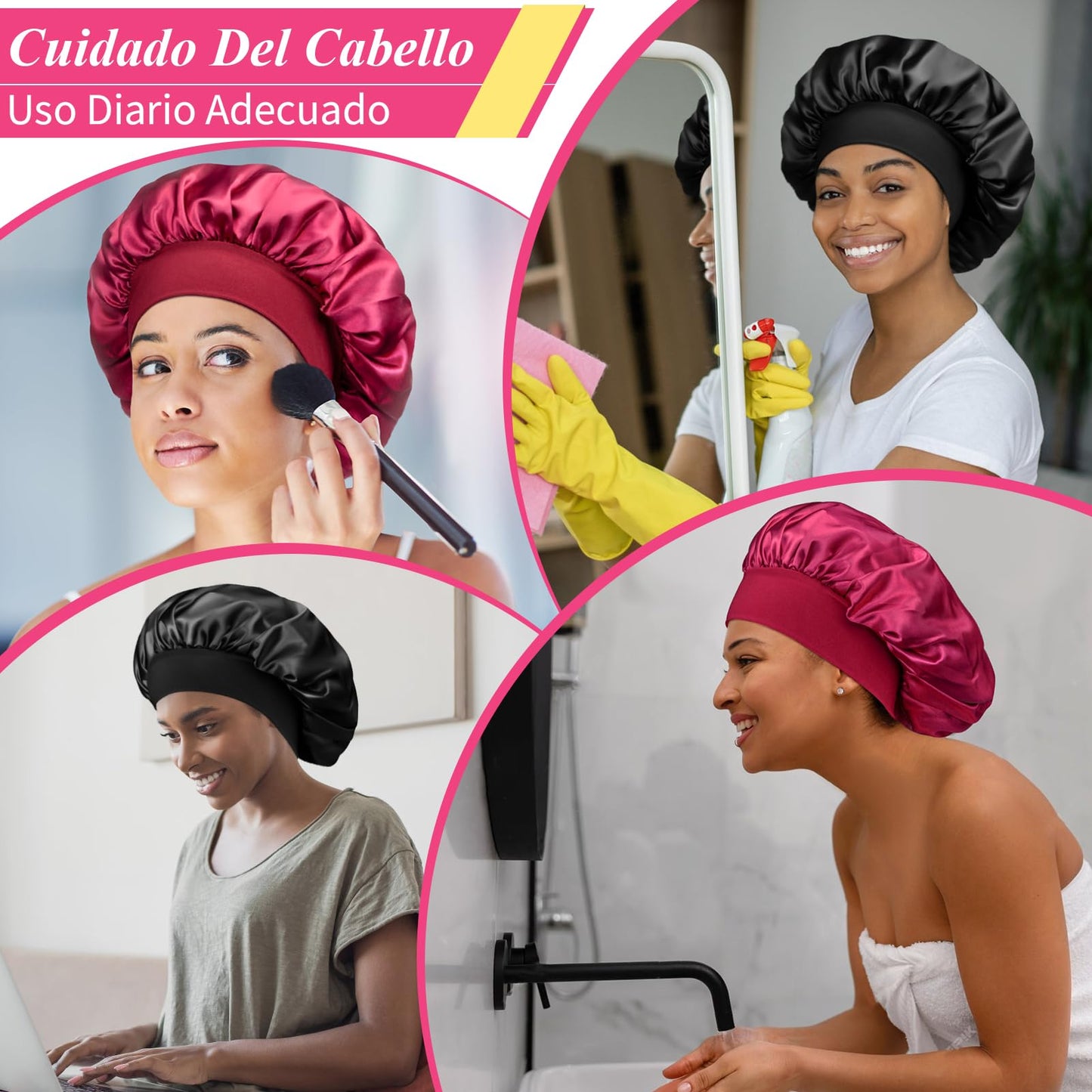 2 Piezas Gorro de Satén para Dormir - Ajustable y Antifrizz con Banda Ancha (Negro, Rojo)