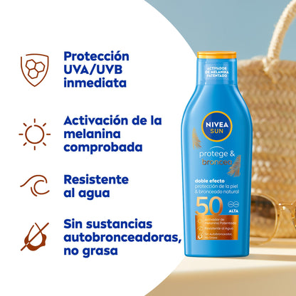 NIVEA SUN Leche Solar FP50 - Protege y Activa el Bronceado (200 ml)