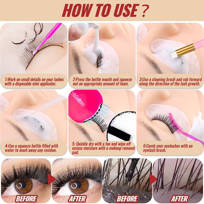 200ml/6.7fl.oz Eyelash Cleanser Shampoo Lash Extension USB Fan Dryer Shampoo Brush Mascara Brush Pad Makeup Remover Wash Bottle Micro Brushes Applicators