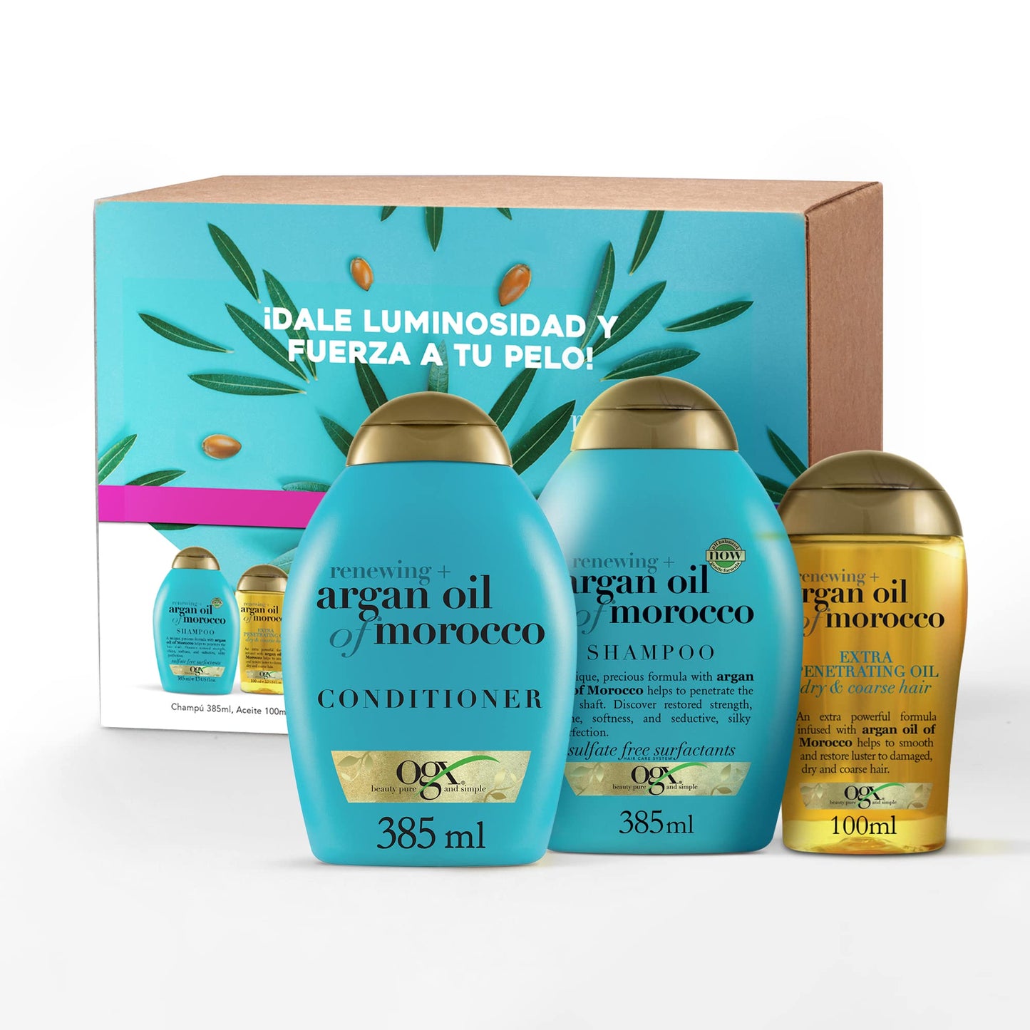 OGX Renewing Argan Oil of Morocco Rutina, Set de champú (1x385 ml), acondicionador hidratante ( 1x385 ml) y aceite para el pelo (1x100 ml) para cabello seco y dañado, gama con aceite de argán