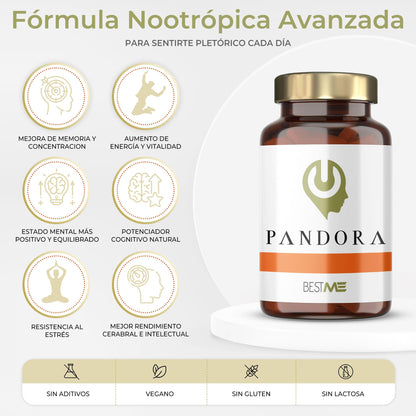 Bestme Lab Pandora | Nootrópico 100% Natural Fórmula Original 9 en 1 + Concentración + Memoria + Energía | Melena de León, Ginkgo Biloba, Bacopa Monnieri, Cafeína, L-Teanina, Vitaminas B12 B6 B2