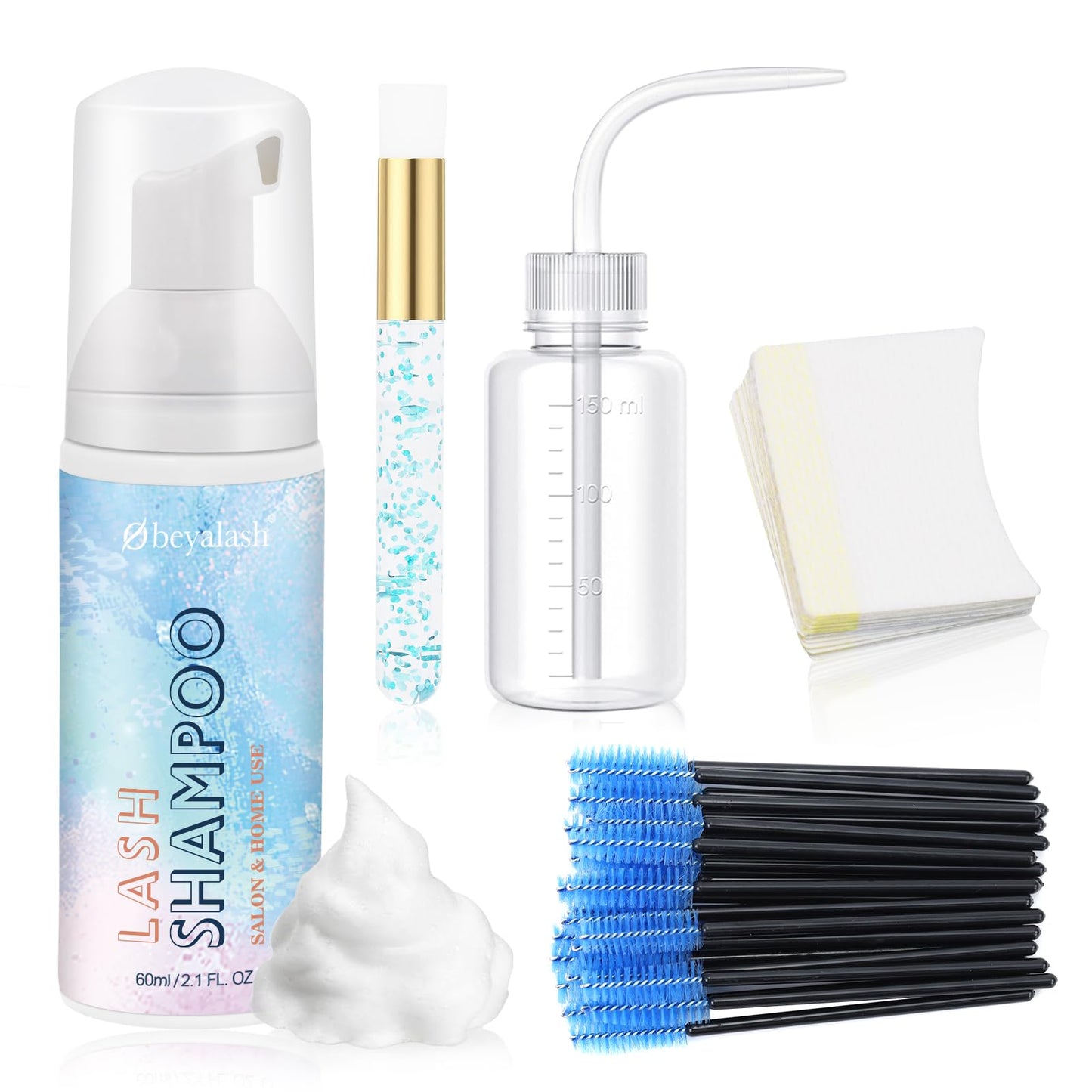 Eyelash Foam Cleanser Kit 60ml+Rinse Bottle+Brush Lash Wash Lash Cleanser Lash Shampoo for Eyelash Extensions Eyelash Shampoo For Salon and Home Use by Obeyalash