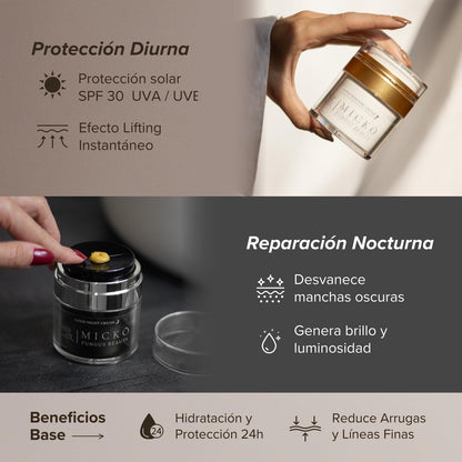 Pack crema día y noche Mickô - antimanchas, antiarrugas y antioxidante con retinol, ácido kójico, niacinamida y hongos medicinales para hidratación profunda y protección SPF30 UVA/UVB, vegano, 50 ml