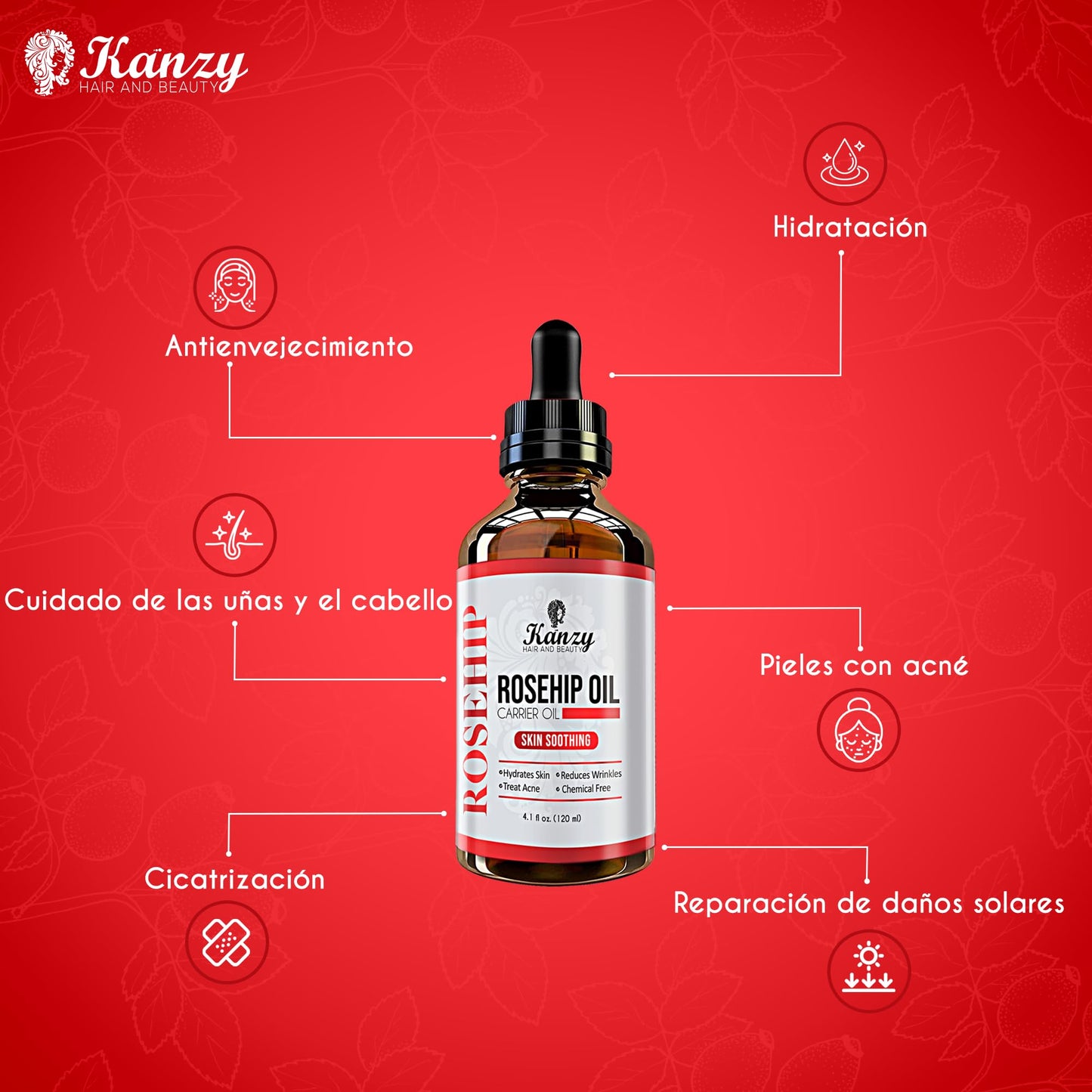 Kanzy Aceite de Rosa Mosqueta Puro 100% 120ml Orgánico Prensado en Frío Bio sin Refinar Rosa Mosqueta para Cicatrices y Estrías, usado como Hidratante para Cuerpo y Piel