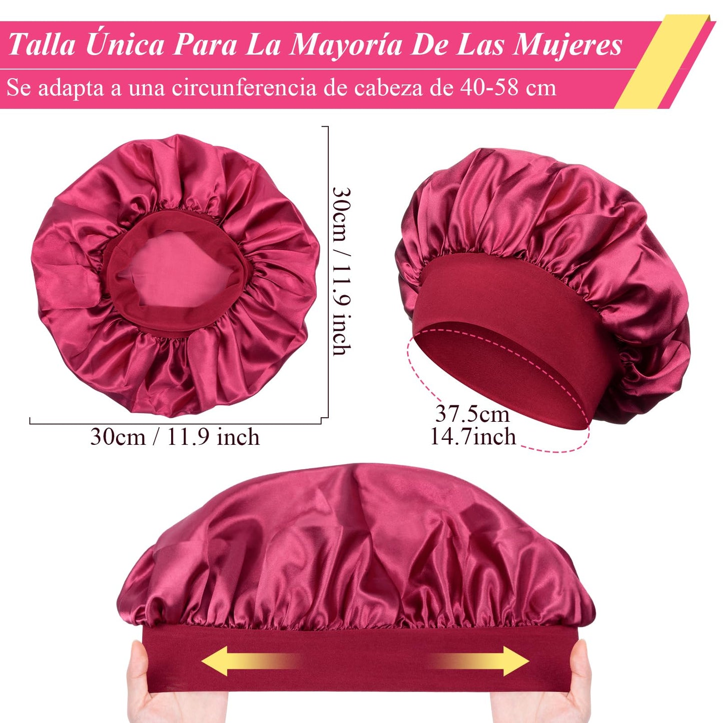 2 Piezas Gorro de Satén para Dormir - Ajustable y Antifrizz con Banda Ancha (Negro, Rojo)