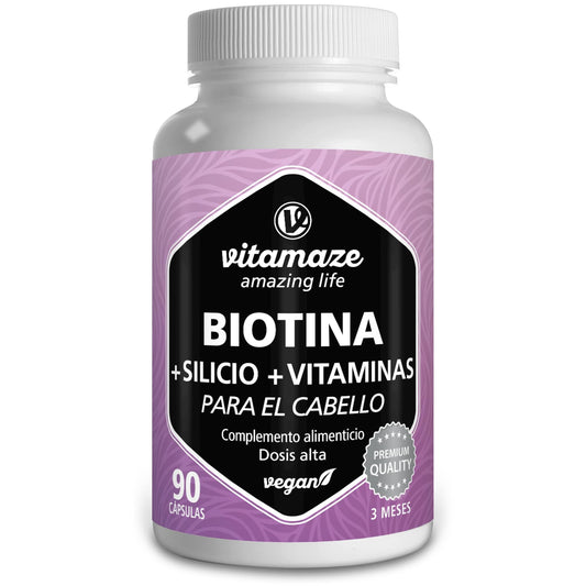 Biotina para el Cabello + Vitaminas para el Cabello con Silicio, Ácido Hialurónico Zinc y Selenio, 90 Cápsulas, Anticaida Cabello Mujer con Vitamina B2 y Piperina. Calidad Alemana. Vitamaze®