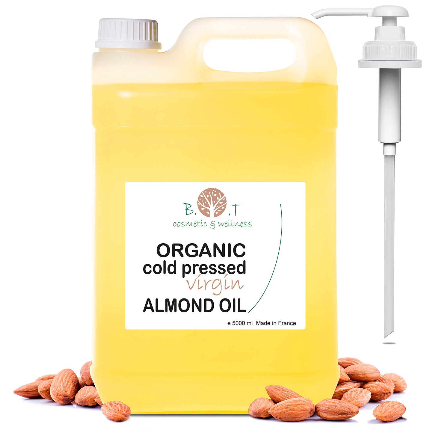 Aceite de Almendras, Organico, Prensado en Frio, Puro, Natural. Aceite Masaje Profesional, Aceite Cabello y Pestañas, Hidratante Corporal, Manos, Uñas Facial Antiedad, Estrias Embarazo 5000 ml