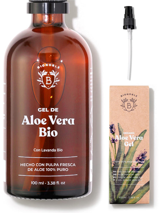 Bionoble Gel de Aloe Vera Orgánico 100ml - Hecho con Pulpa Fresca de Aloe 100% Puro y Lavanda - Sin Xantano - Rostro, Contorno de Ojos, Cuerpo, Cabello - Botella de vidrio + Bomba