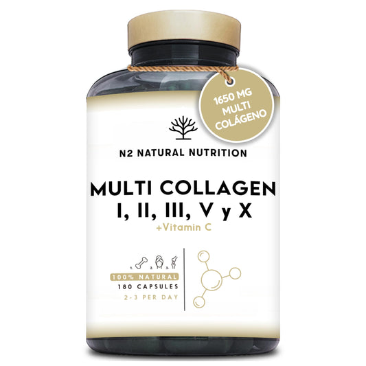 Multi Colágeno Hidrolizado Puro 1650mg + Vitamina C 53mg. Colágeno Tipo I, II, III, V y X. Favorece la Salud de Piel, Cabello, Huesos y Articulaciones. 180 capsulas. N2 Nautural Nutrition.