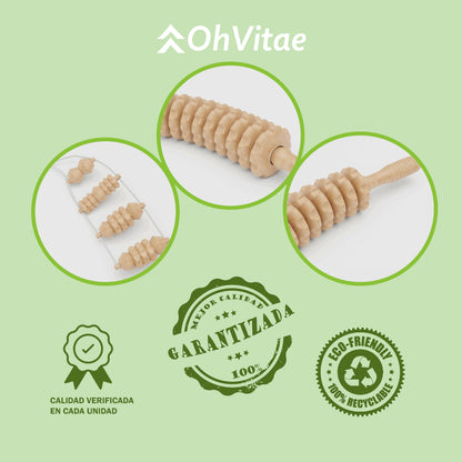 OH VITAE Body Wood Therapy Kit with Curved Striated Roller and Back Massage Roller, essential accessories for Lymphatic Drainage, Cellulite on Legs, Buttocks and Abdomen, free carrying bag