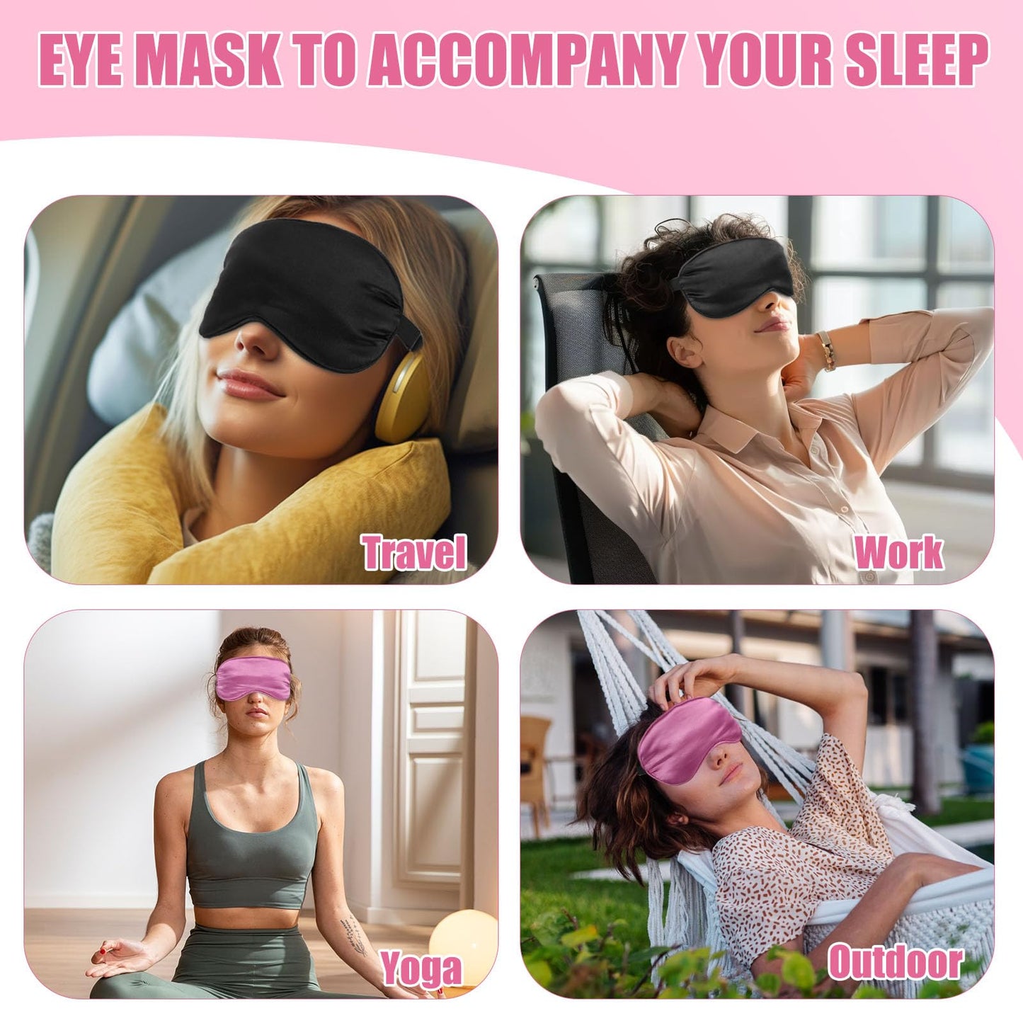 2 Pieces Sleep Mask, Ultra-Soft Silk Sleep Mask with Adjustable Elastic Strap, Sleeping Eye Mask for Men, Women and Children (Black, Pink)