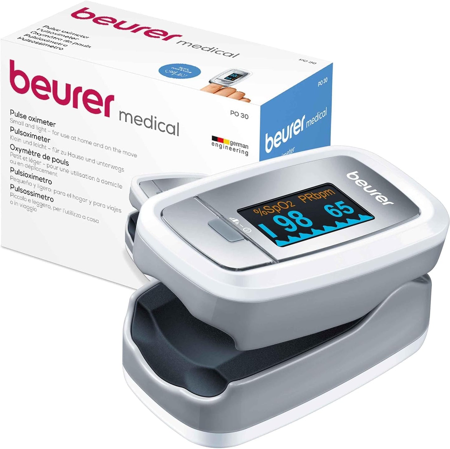 Beurer Finger Pulse Oximeter for Measuring Blood Oxygen Saturation and Pulse, White/Silver, 60 x 36 x 32 mm