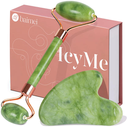 BAIMEI Gua Sha y Rodillo De Jade Roller, Guasha masajeador facial Calma yRelaja la Piel,Regalo para el cuidado de la piel，Regalo de Navidad