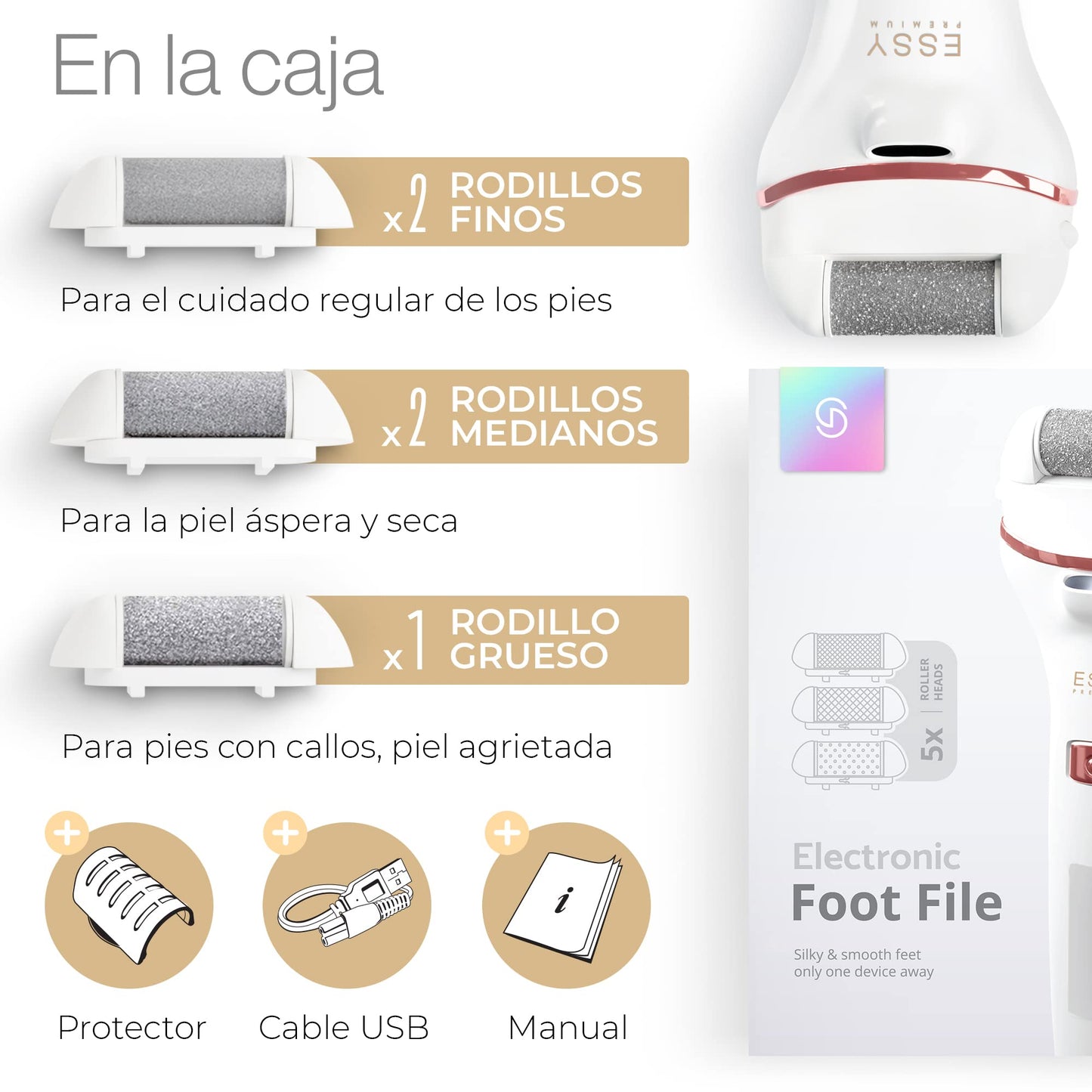 Essy Lima Eléctrica Pies Durezas Exfoliante Callos para Pies Electrico Pedicura Lima Pies Durezas Recargable Profesional Pulidor de Callos Cuidado Talon con 5 Rodillos de Recambio (Blanco)