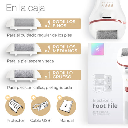 Essy Lima Eléctrica Pies Durezas Exfoliante Callos para Pies Electrico Pedicura Lima Pies Durezas Recargable Profesional Pulidor de Callos Cuidado Talon con 5 Rodillos de Recambio (Blanco)