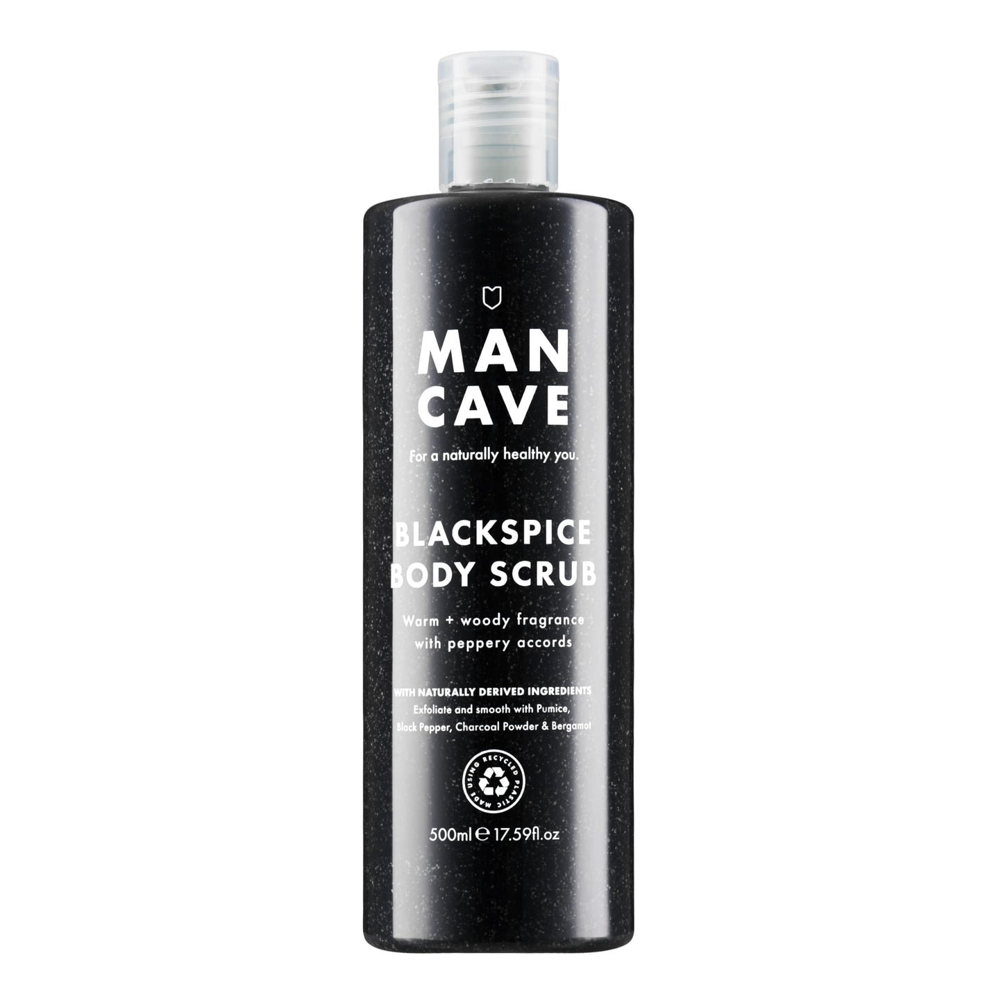 ManCave Exfoliante Corporal Blackspice, 500 ml – Peeling Corporal para Hombre con Aroma Cálido y Amaderado – Exfoliante de Cuerpo con Piedra Pómez y Polvo de Carbón – Formulación Natural y Vegana