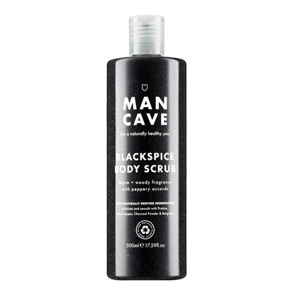 ManCave Exfoliante Corporal Blackspice, 500 ml – Peeling Corporal para Hombre con Aroma Cálido y Amaderado – Exfoliante de Cuerpo con Piedra Pómez y Polvo de Carbón – Formulación Natural y Vegana