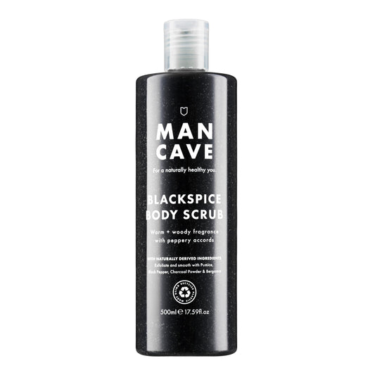 ManCave Exfoliante Corporal Blackspice, 500 ml – Peeling Corporal para Hombre con Aroma Cálido y Amaderado – Exfoliante de Cuerpo con Piedra Pómez y Polvo de Carbón – Formulación Natural y Vegana