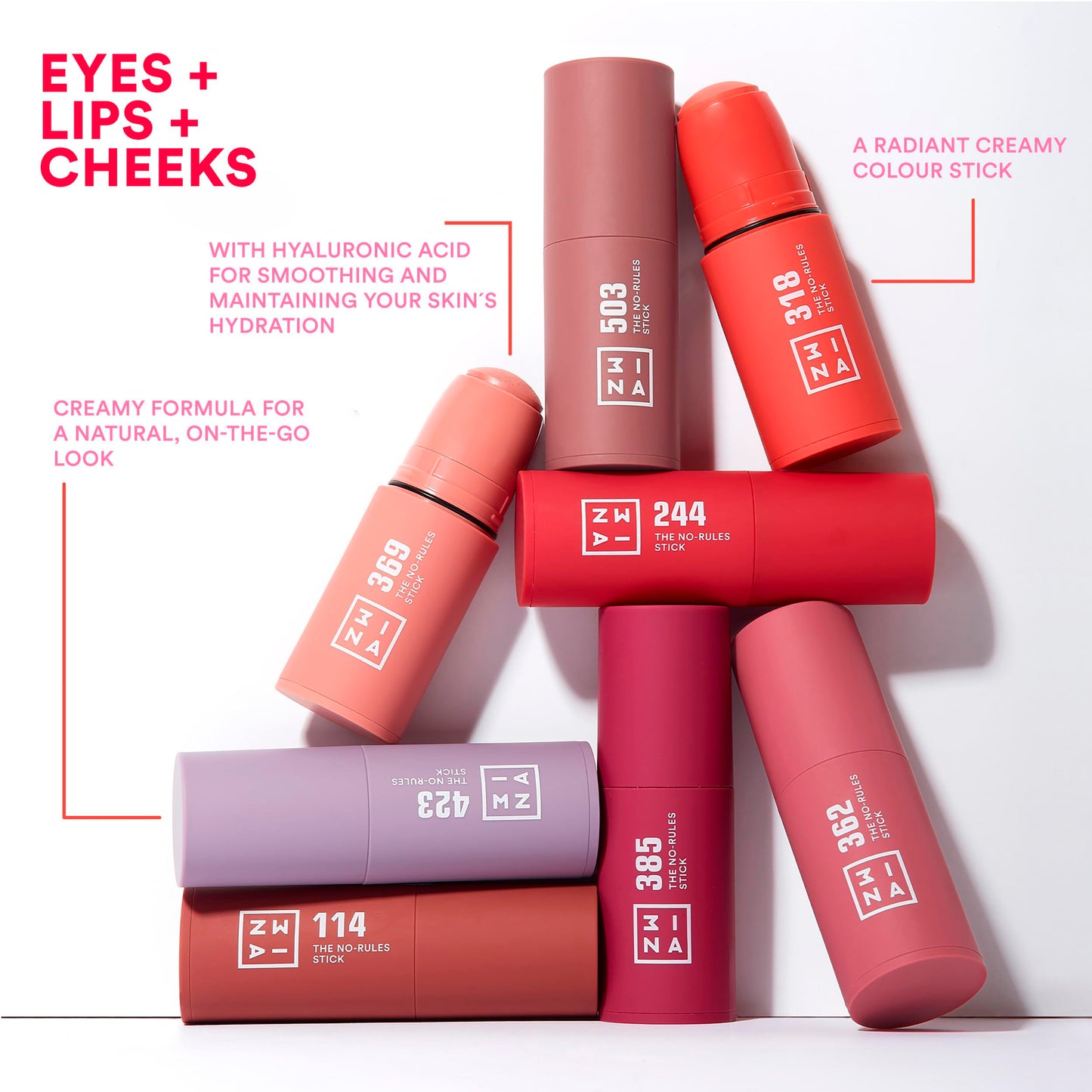 3INA No-Rules Stick 362 - Colorete en Crema Rosa 3 en 1 para Mejillas, Labios y Ojos - Vegano y Cruelty-Free