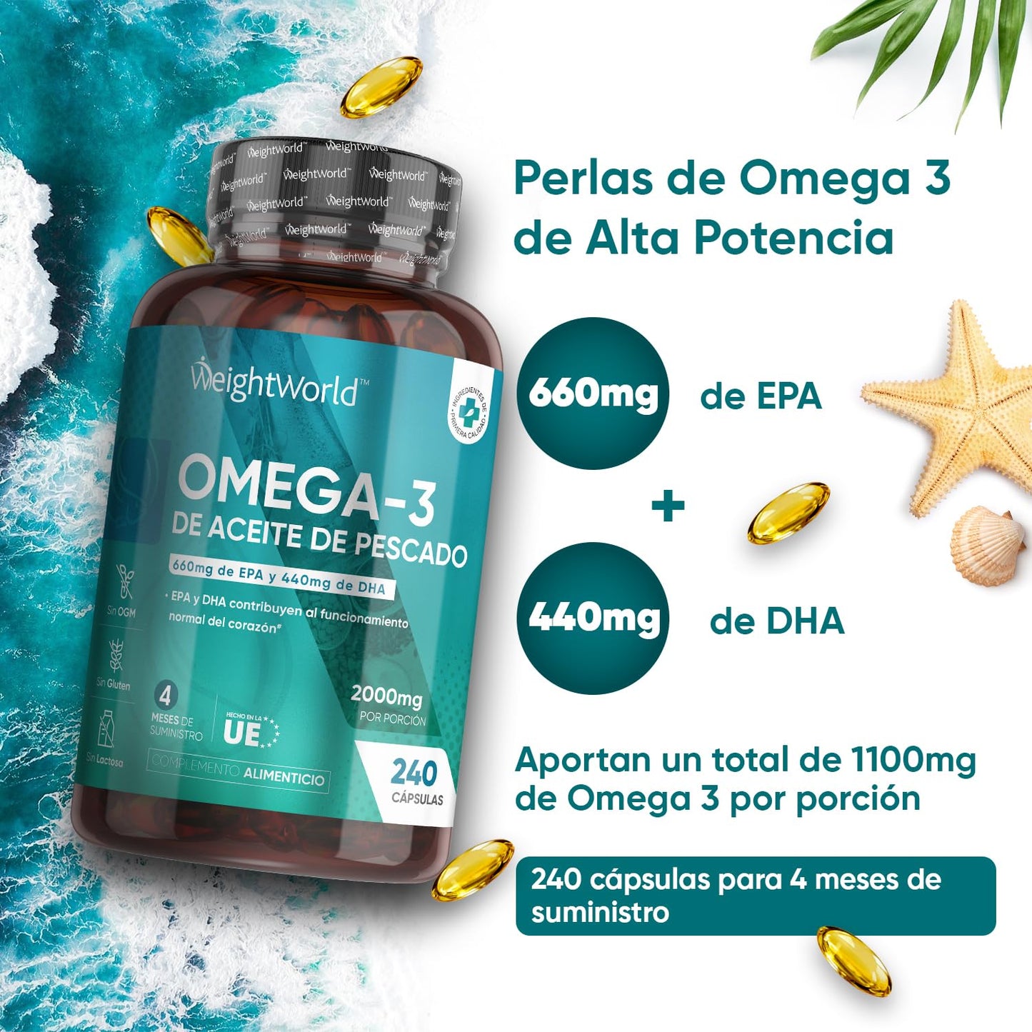 Omega 3 2000mg Concentration 240 Softgels of Fish Oil (660mg EPA + 440mg DHA) - High Potency Omega 3 Fatty Acids for Brain, Heart and Blood Pressure Health for 4 Months