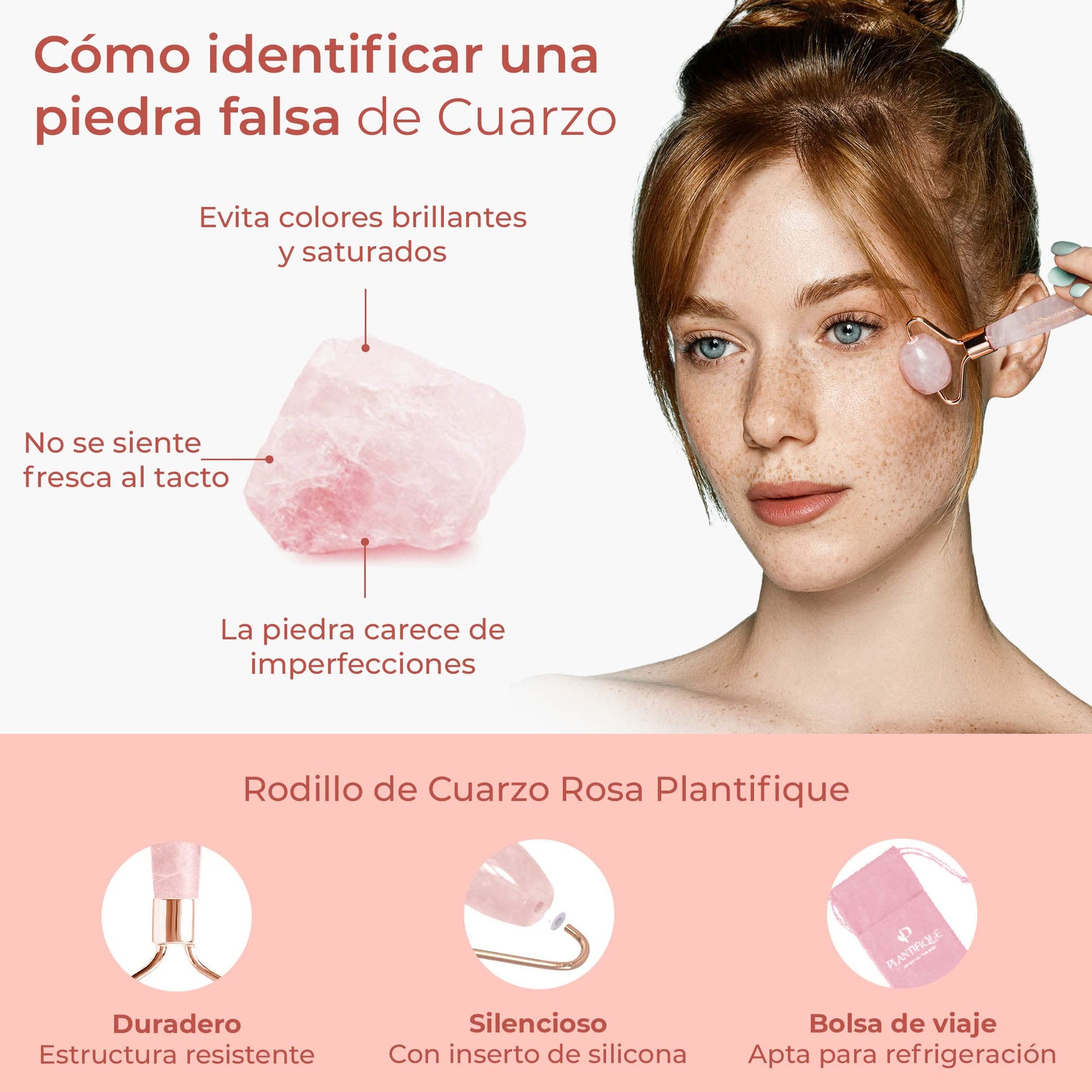 Rodillo y Gua Sha de Cuarzo Rosa 100% Auténtico Plantifique