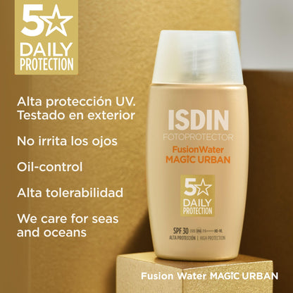 Isdin Fotoprotector Fusion Water Urban SPF 30 - Ultralight Facial Sunscreen for Daily Use for Urban Environments, UVA, Blue Light and Anti-Pollution Protection, 50 ml, Packaging may vary