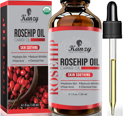 Kanzy Aceite de Rosa Mosqueta Puro 100% 120ml Orgánico Prensado en Frío Bio sin Refinar Rosa Mosqueta para Cicatrices y Estrías, usado como Hidratante para Cuerpo y Piel