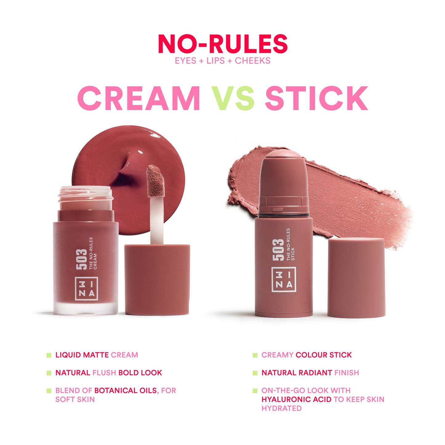 3INA No-Rules Stick 362 - Colorete en Crema Rosa 3 en 1 para Mejillas, Labios y Ojos - Vegano y Cruelty-Free