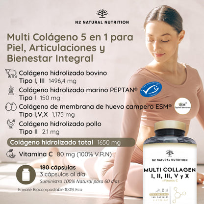 Pure Hydrolyzed Multi Collagen 1650mg + Vitamin C 53mg. Collagen Type I, II, III, V and X. Promotes Healthy Skin, Hair, Bones and Joints. 180 capsules. N2 Natural Nutrition.