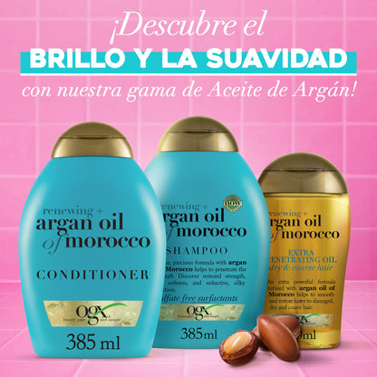 OGX Renewing Argan Oil of Morocco Rutina, Set de champú (1x385 ml), acondicionador hidratante ( 1x385 ml) y aceite para el pelo (1x100 ml) para cabello seco y dañado, gama con aceite de argán