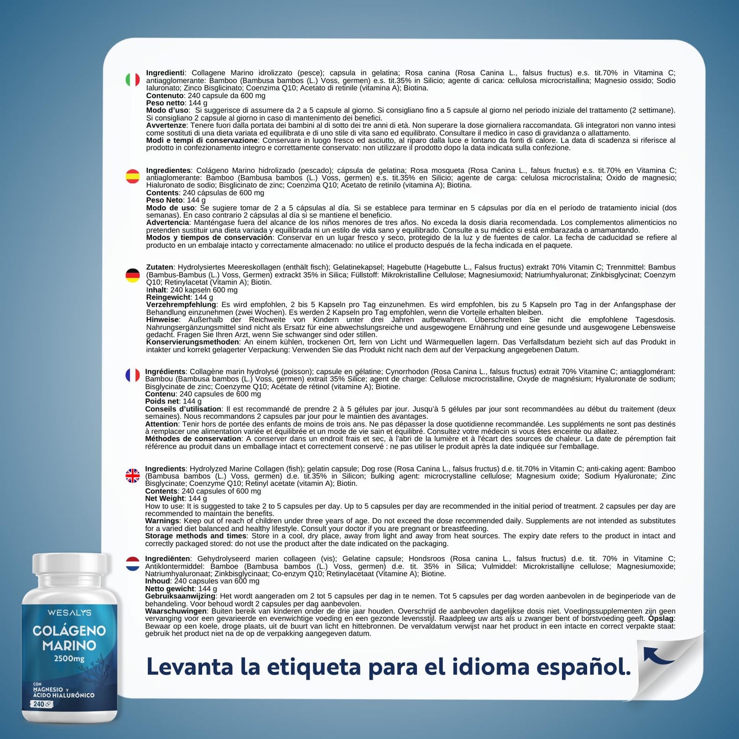 Colágeno Marino Hidrolizado 2500mg con Magnesio y Ácido Hialurónico | 240 Cápsulas | con Vitamina C natural, para cartílagos, huesos y piel | Alta dosis, Péptidos de Colágeno Marino Puro