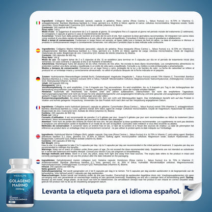 Colágeno Marino Hidrolizado 2500mg con Magnesio y Ácido Hialurónico | 240 Cápsulas | con Vitamina C natural, para cartílagos, huesos y piel | Alta dosis, Péptidos de Colágeno Marino Puro