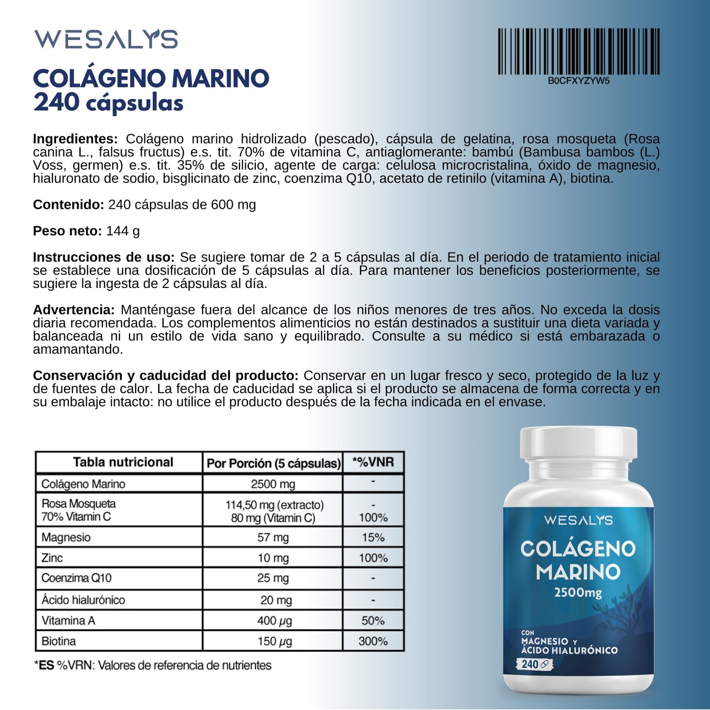 Colágeno Marino Hidrolizado 2500mg con Magnesio y Ácido Hialurónico | 240 Cápsulas | con Vitamina C natural, para cartílagos, huesos y piel | Alta dosis, Péptidos de Colágeno Marino Puro