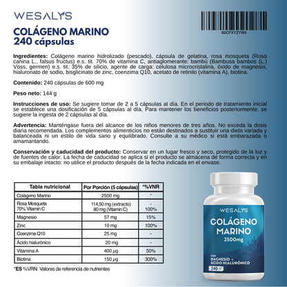 Colágeno Marino Hidrolizado 2500mg con Magnesio y Ácido Hialurónico | 240 Cápsulas | con Vitamina C natural, para cartílagos, huesos y piel | Alta dosis, Péptidos de Colágeno Marino Puro